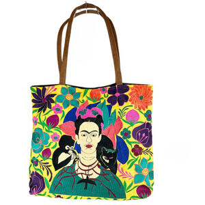 Embroidered Frida Kahlo Inspired Floral & Animal Vegan Suede Tote Bag